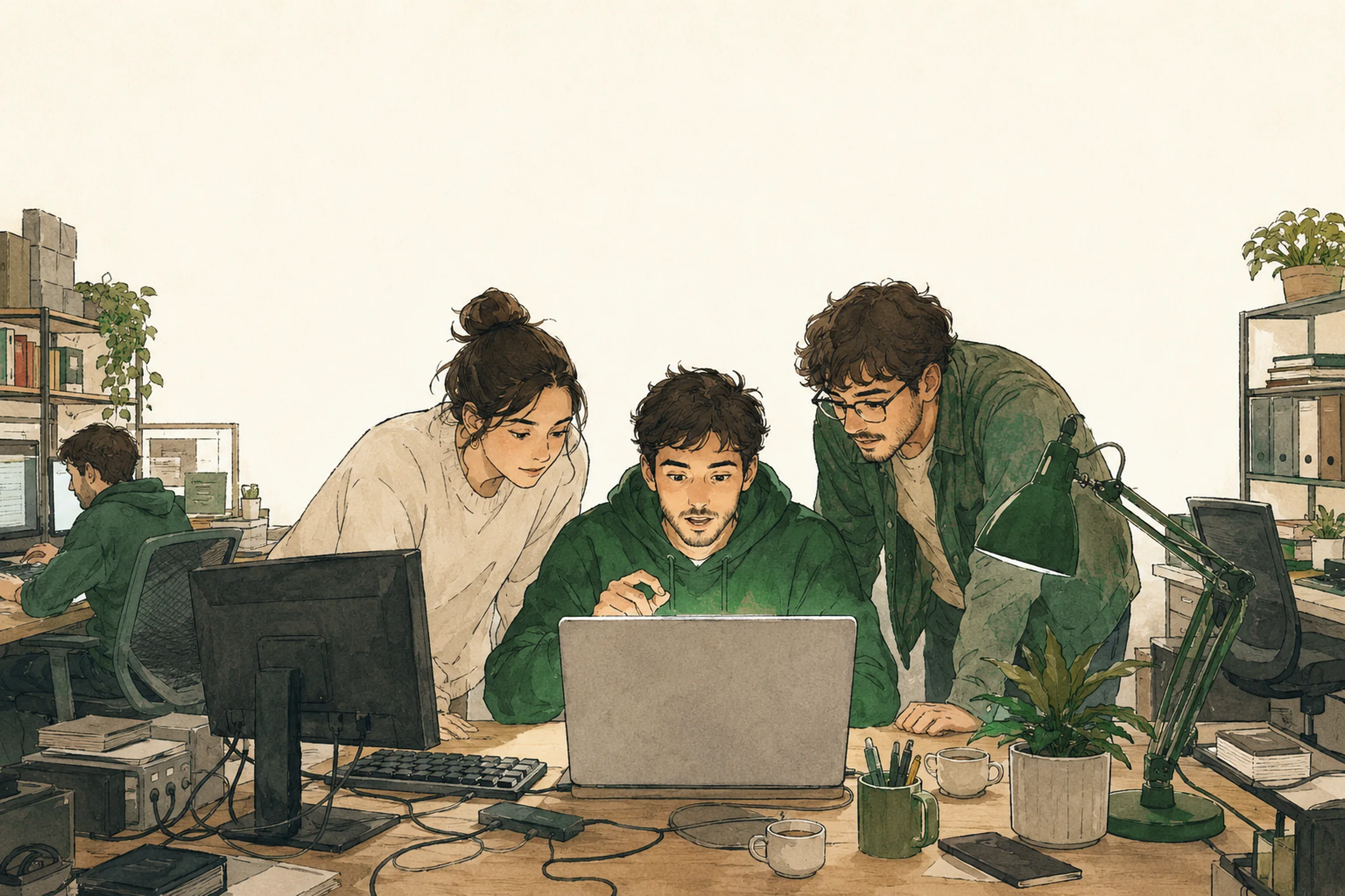 Un gruppo di persone che costruisce insieme: chi disegna wireframe su carta, chi lavora al portatile, chi attacca biglietti su una lavagna.